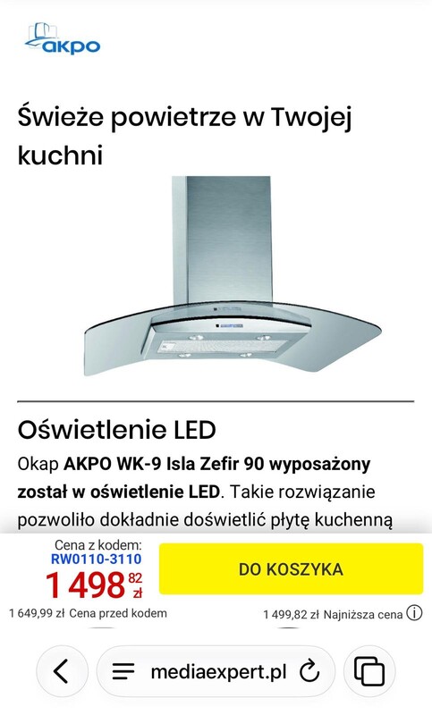 Elbląg Srebrny okap wyspowy AKPO z oświetleniem LED