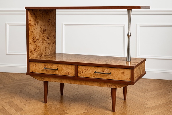 Elbląg Stolik RTV w stylu artdeco, lata 70te, stan dobry, drewno egzotyczne, unikalny projekt i wybarwienie Szer