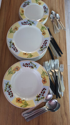 Elbląg Sprzedam używane w dobrym stanie  talerze i sztućce: Sześć małych talerzyków, 10 dużych talerzy, 14 głębokich