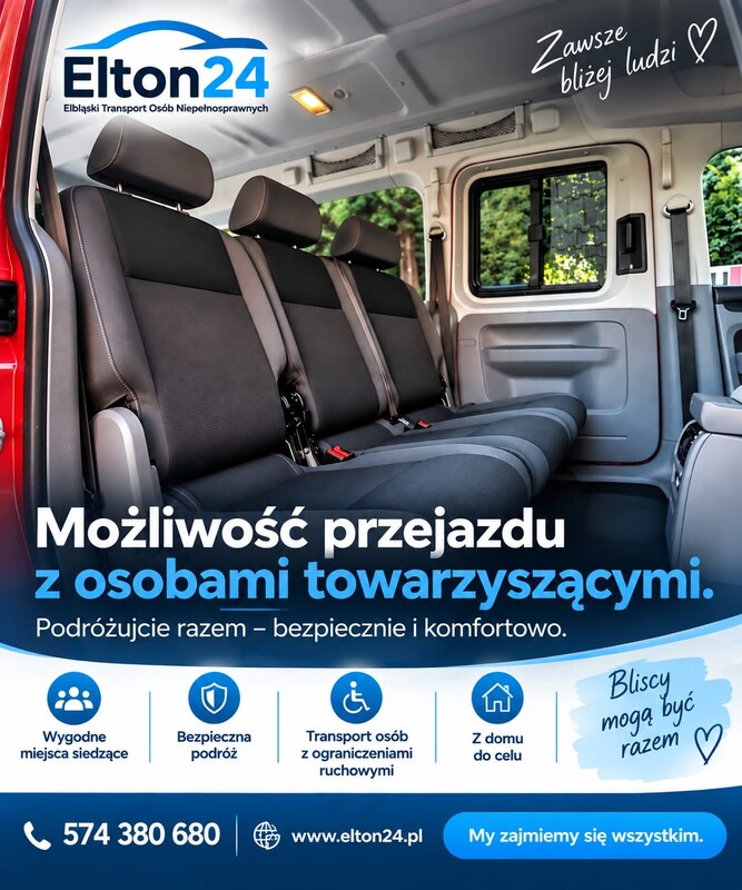 Elbląg ELTON24 – Elbląski Transport Osób Niepełnosprawnych Komfortowy przejazd i pełna pomoc na każdym etapie podróży.