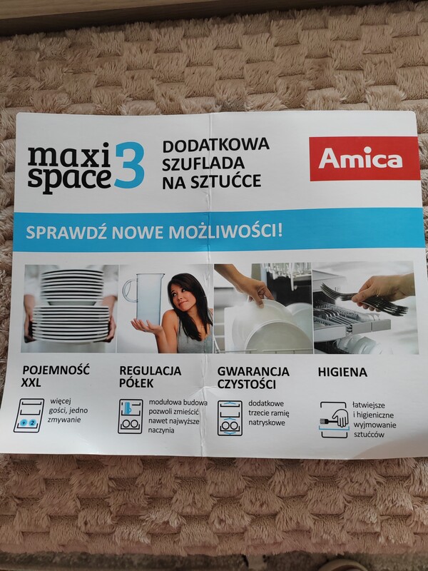 Elbląg Zmywarka do zabudowy marki Amica o szerokości 45 cm. Sprzęt używany. Szuflada na sztućce, krótki 60 min pełen