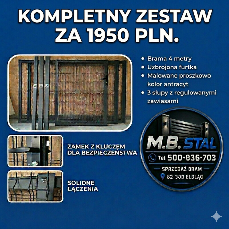 Elbląg 4 m brama z uzbrojoną furtką i słupami.