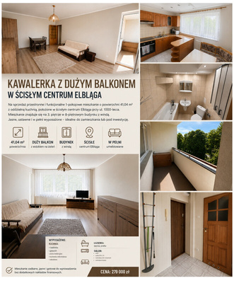 Elbląg Kawalerka z dużym balkonem w ścisłym centrum Elbląga – gotowa do zamieszkania