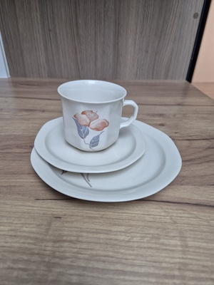 Elbląg Sprzedam komplet 6 szt filizanka spodek i talerzyk deserowy. Porcelana rumuńsa Apulum. 
Stan bardzo dobry