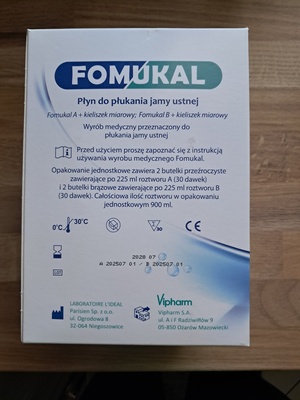 Elbląg Sprzedam płyn fomukal zestaw po 2 butelki, przeznaczony do płukania jamy ustnej po zabiegach stomatologicznych,