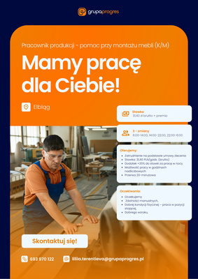 Elbląg Pracownik produkcji - pomoc przy montażu mebli (K/M)