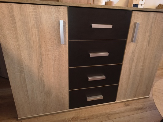 Elbląg Witam. Duża komoda pólki szuflady dąb sonoma - czarny dł120/wys 80/gł35 cm