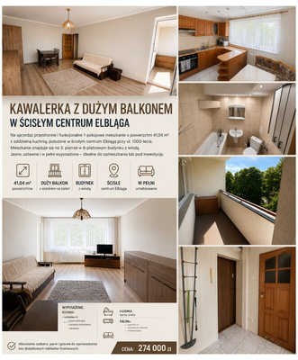 Elbląg Kawalerka z dużym balkonem w ścisłym centrum Elbląga – gotowa do zamieszkania