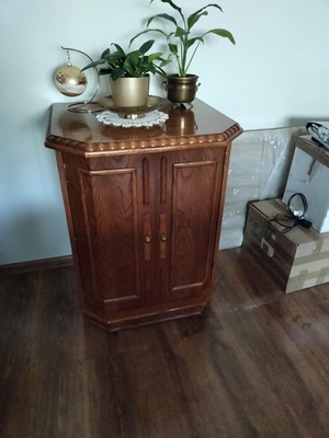 Elbląg MEBLE BYDGOSKIE  KOMODA 125CM, 2 SZT SZAFEK +NASTAWNA WITRYNA, BLATY MEBLI ODNOWIONE, DREWNO +OKLEINA DĘBOWA