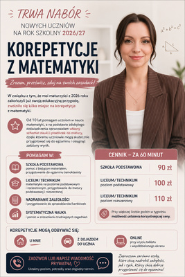 Elbląg TRWA NABÓR NOWYCH UCZNIÓW NA ROK SZKOLNY 2026/27KOREPETYCJE MATEMATYKA