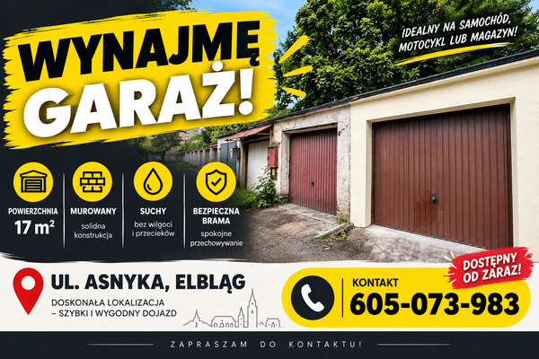 Elbląg Wynajmę garaż przedstawiony na zdjęciach, solidna murowana konstrukcja. Bezpieczna stabilna brama Wiśniowski
