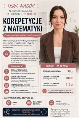 Elbląg KOREPETYCJE MATEMATYKA Ostatnie wolne miejsca na rok szkolny 2026/27. Oferuje przygotowanie do testów