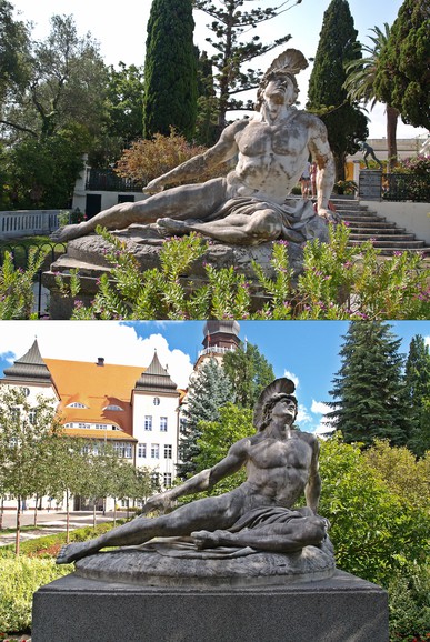 "Achilles miał brata bliźniaka". Rzeźba Achillesa ma swojego brata-bliźniaka, znajdującego się na Greckiej wyspie Korfu, w Achillonie, czyli rezydencji austriackiej cesarzowej Elżbiety-Sissi, żony cesarza Franciszka Józefa. Autorem obu rzeźb jest Ernst Herter. Achilles z wyspy Korfu nosi sygnaturę z datą 1884, nasz elbląski Achilles jest datowany na rok 1886. Wynika z tego, Grecka wersja powstała dwa lata wcześniej. Obie rzeźby należały do cesarzowej Sisi, a nasz elbląski Achilles trafił jako dar ówczesnego niemieckiego ministerstwo kultury i sztuki. Obie rzeźby wydają się być identyczne, a oglądanie znajomej postaci z cokołu w egzotycznej scenerii było swiostym "deja vu", miło było spotkać znajomka w obcym kraju :))) (Wrzesień 2015)