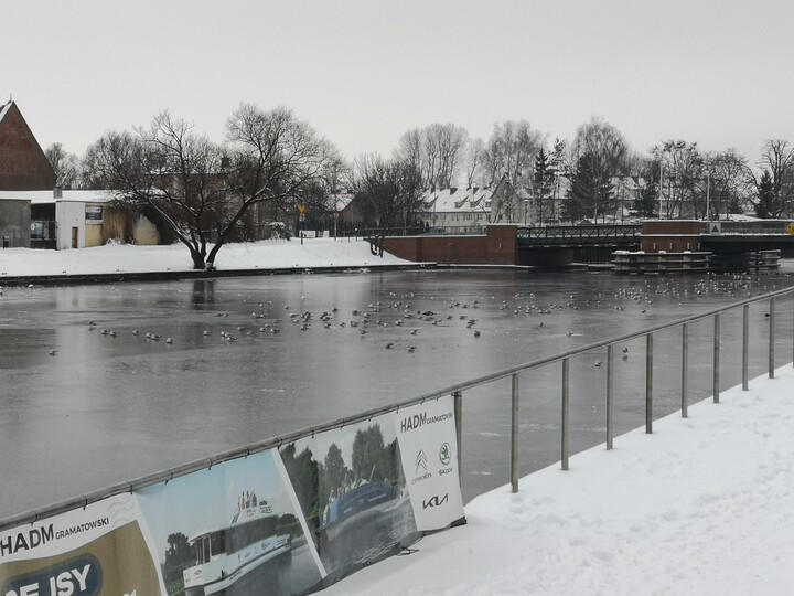Zima trzyma.. Rzeka Elbląg w chłodnym uścisku Pani Zimy. (Grudzień 2021)