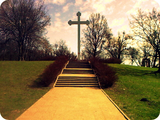The Cross. Zdjęcia przedstawia krzyż, który stoi w parku niedaleko ulicy Saperów. Jest on widowiskowy, ludzie często przychodzą tam,aby się modlić, stawiają znicze jako symbol oddania czci Jezusowi i modlitwe za zmarłych. Samo zdjęcie zaintrygowało mnie, gdyż mimo,iż ma niepozorny wygląd, kryje pewne symbole, które pozytywnie mi się kojarzą.