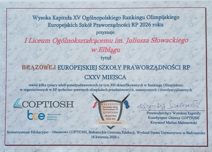 I LO z tytułem Brązowej Europejskiej Szkoły Praworządności RP 2026 i kolejnymi sukcesami uczniów zdjęcie nr 348699