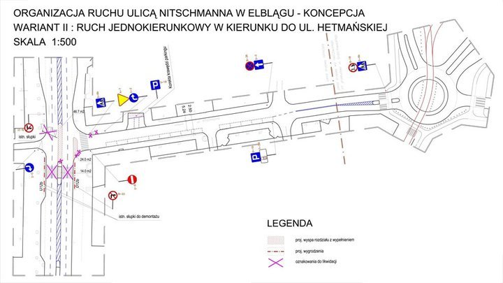 Wariant II UM – ruch dwukierunkowy na odcinku od nowego ronda do zjazdu między budynkami nr 38 i 30. Na