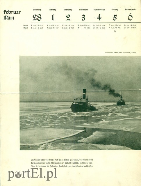 Niemiecki podpis pod zdjęciem: Zimą Zalew Wiślany był pokryty grubą warstwą lodu, był placem zabaw dla łyżwiarzy. Gdy