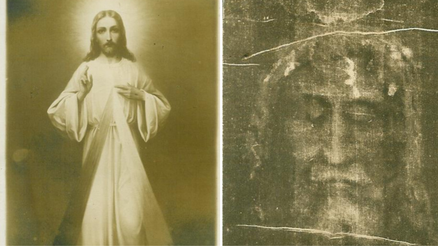 Po lewej obrazek Jezusa miłosiernego wręczony Ojcu przez żonę w dniu wyjścia do niewoli, 4 października 1944 r., a po
