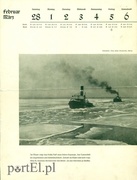 Niemiecki podpis pod zdjęciem: "Zimą Zalew Wiślany był pokryty grubą warstwą lodu, był placem zabaw dla łyżwiarzy. Gdy powierzchnia nie była już wytrzymała, prace zaczynały lodołamacze, by stworzyć tor wodny".