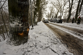 Wpadł w poślizg i uderzył w drzewo. Dwie osoby ranne