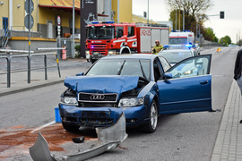 Kolizja toyoty z audi pod browarem